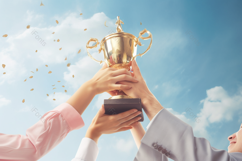 蓝天白云下金融法律房产科技商务团队或者金色奖杯举起狂欢实拍,高清,摄影图,摄影图片,图片大全,摄影图免费下载